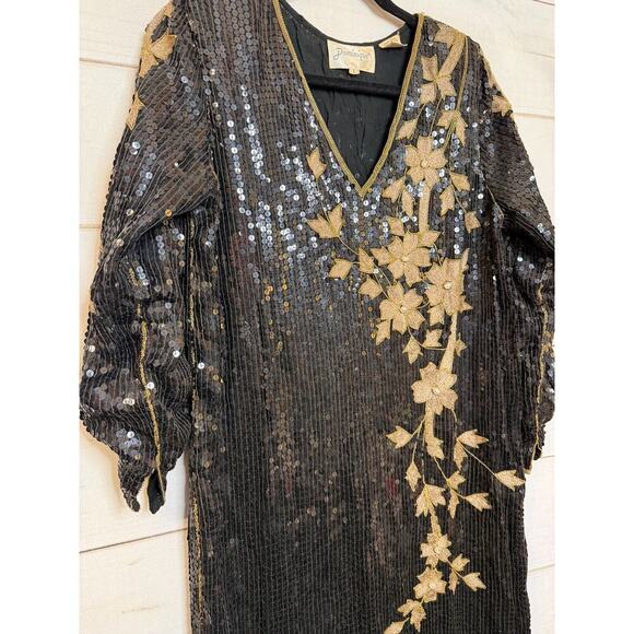 Vintage Sequin Drs Sz L Black Gold 100 Silk Festive Holiday Party Classic - Picture 7 of 7